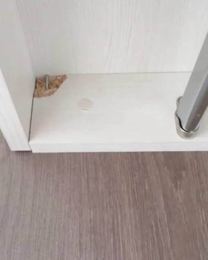 The corner of a white wardrobe shelf with a chrome hanging rail.